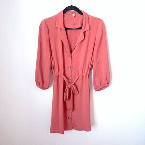 NWOT ASOS Long Sleeve Collared Button Down Shirt Dress Tie Waist Muted Coral 4